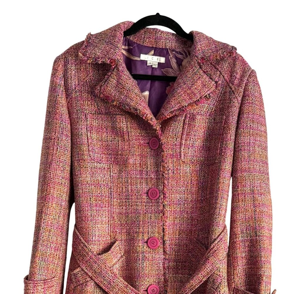 Y2K Pink Purple Coat Tweed Long I.C.E. Size 10 Belted Silk Blend Pastel - Picture 2 of 7